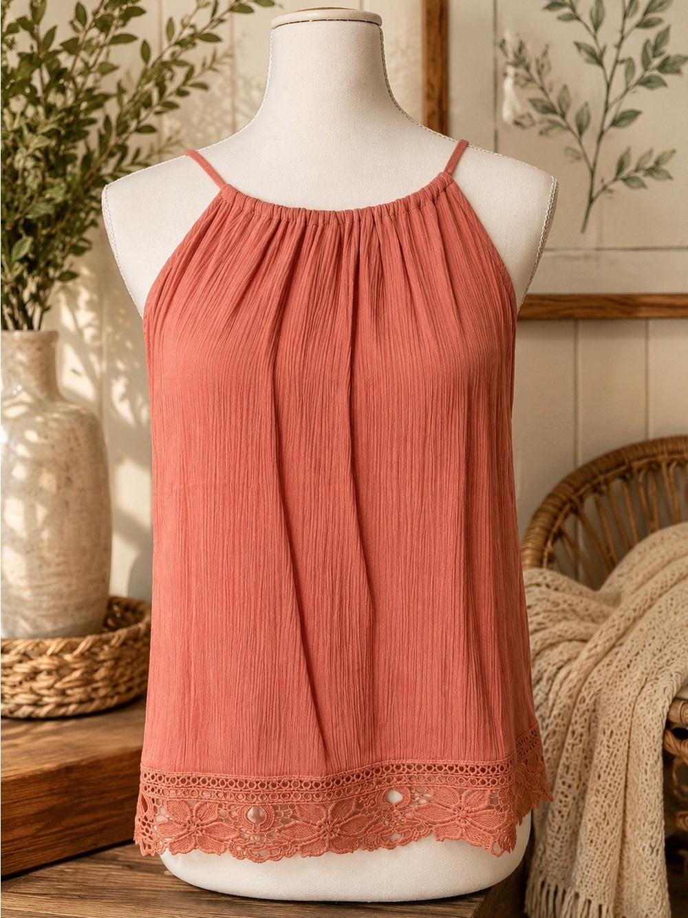 Ambiance Pink Halter with Lace Hem